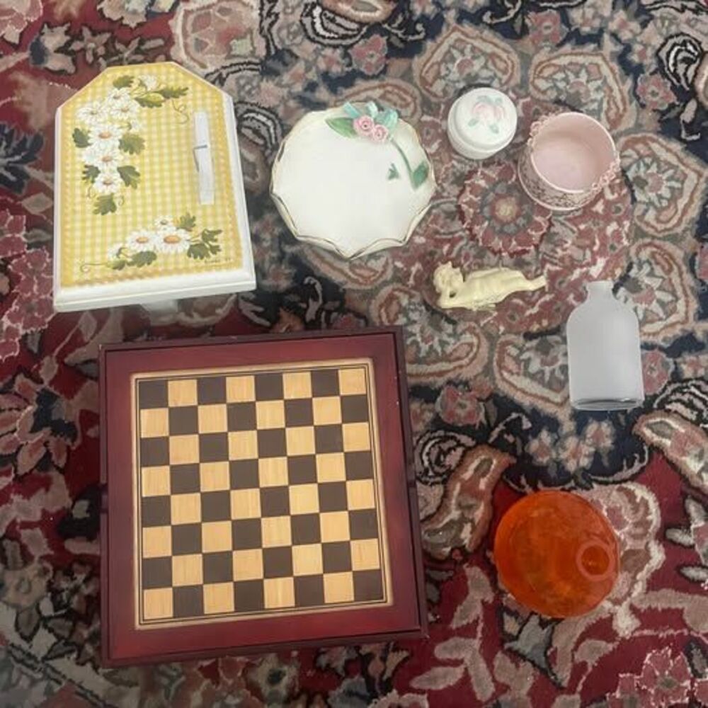 Vintage Wooden Chess Set and Assorted Decorative Trinkets